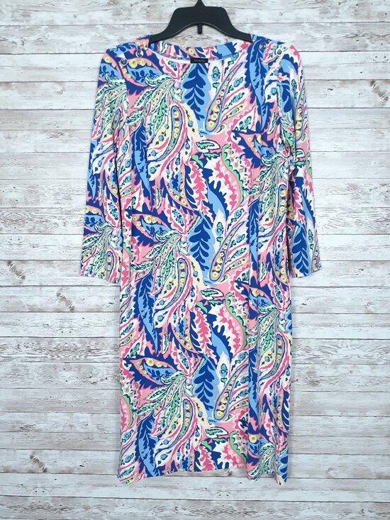 Talbots Dresses & Skirts - Talbots Shift Dress M 3/4 Sleeve Stretch Paisley Shoulder Buttons 956A